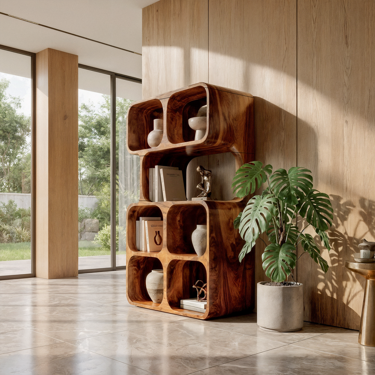 Bibliothèque inclinée artisanale au design en bois organique pour maison moderne SINLKIBS065