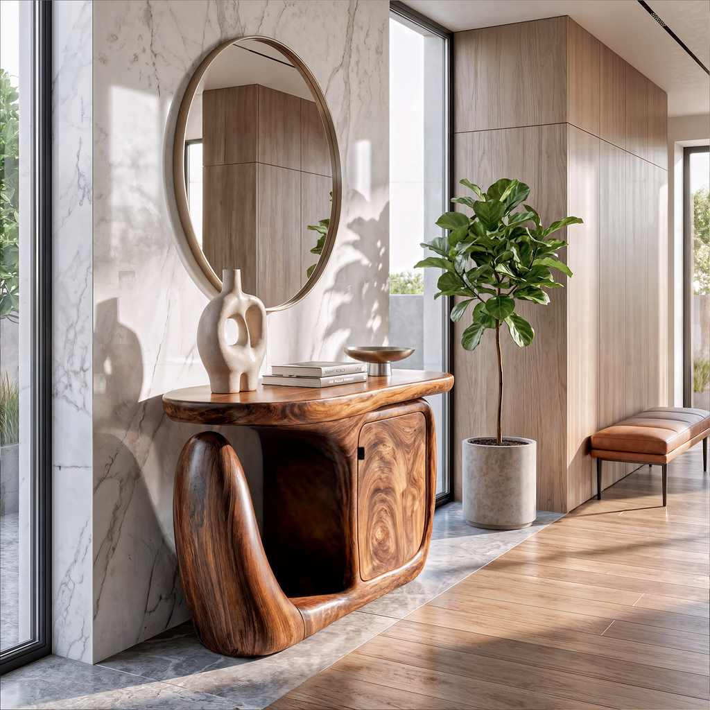 Table console contemporaine avec base sculpturale et rangement pour entrée SINLKICS704