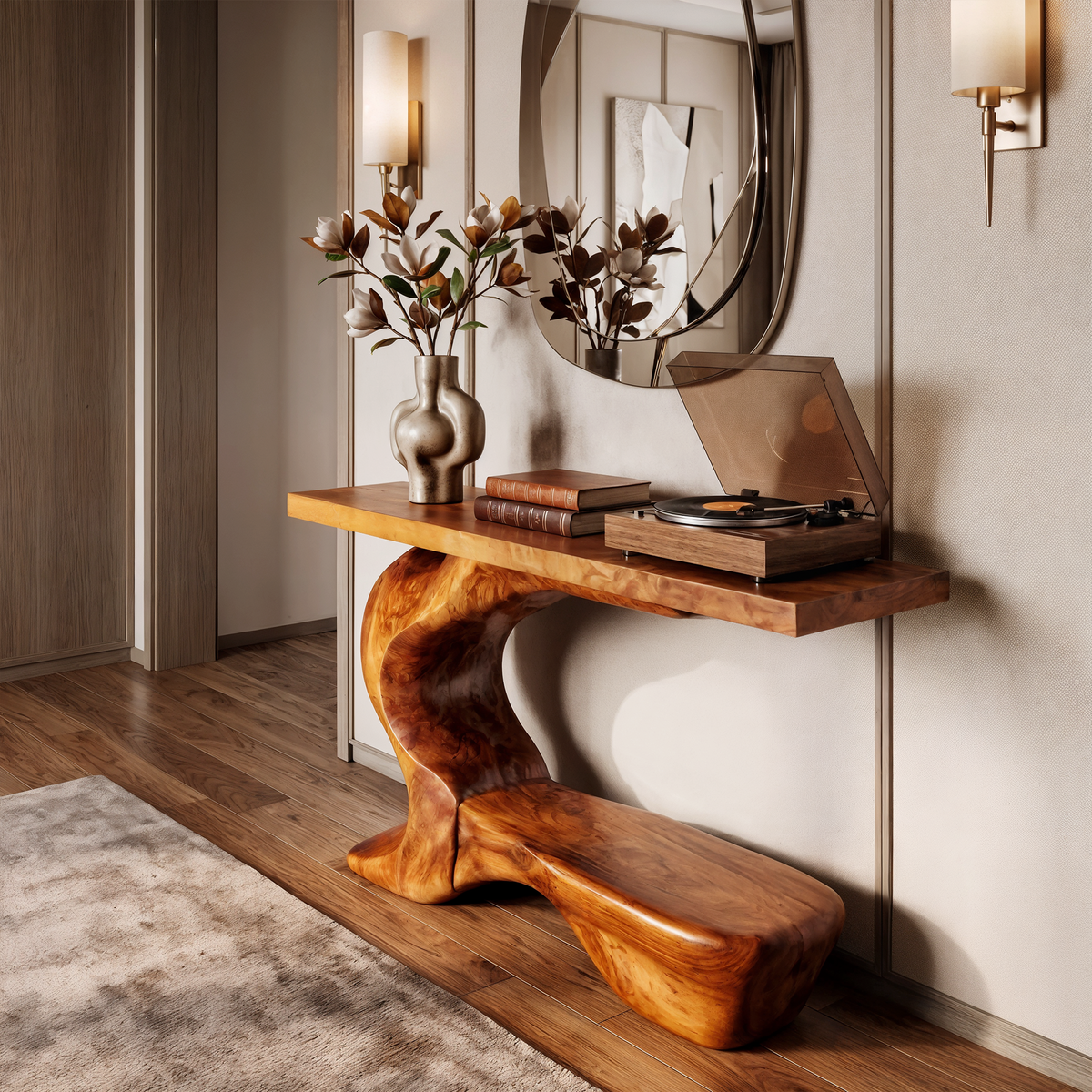 Rustic Sculptural Console Table With Curved Base For Entryway SINLKICS705