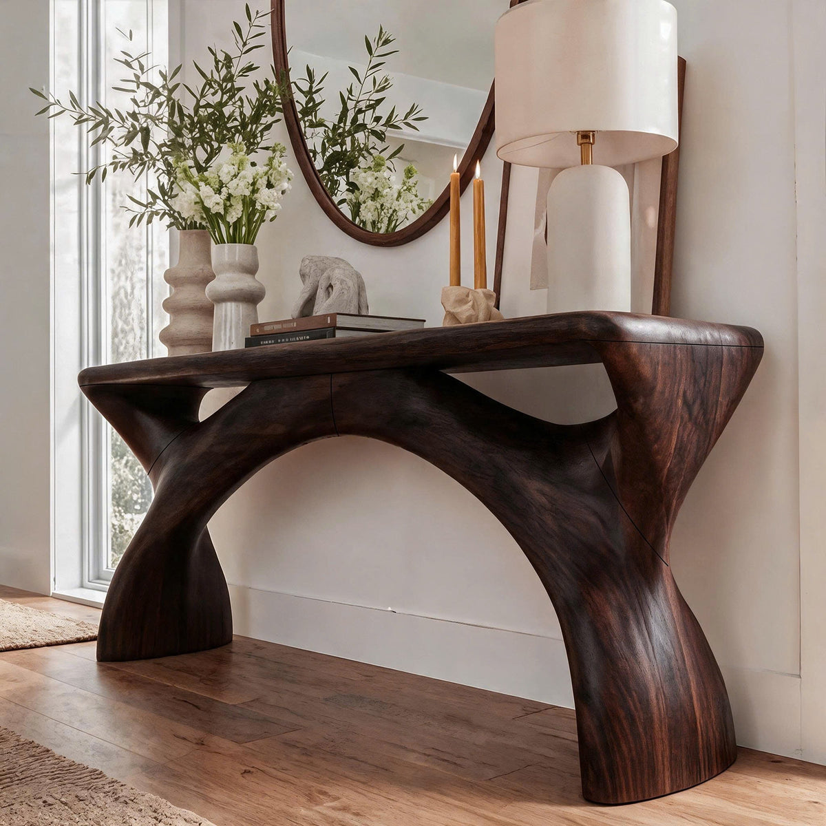 Console d'entrée style Mid-Century avec structure aux courbes fluides SINLKIFLP144