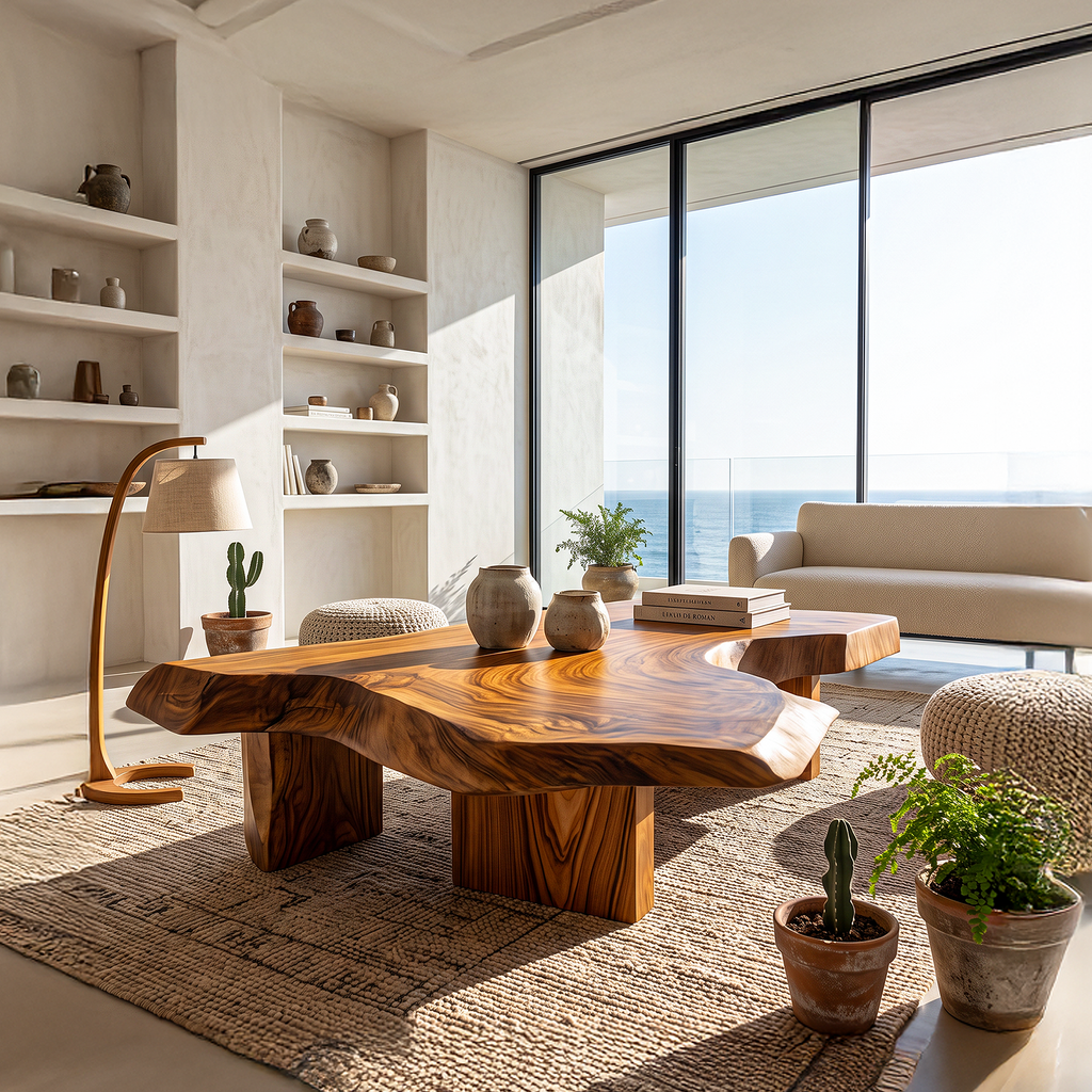 Table basse moderne en bois massif avec plateau sculptural pour salon SINLHACF421 SINLHACF421