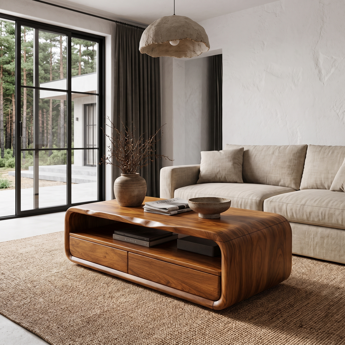 Mid Century Coffee Table With Rounded Frame Storage For Living Room SINLHACF423