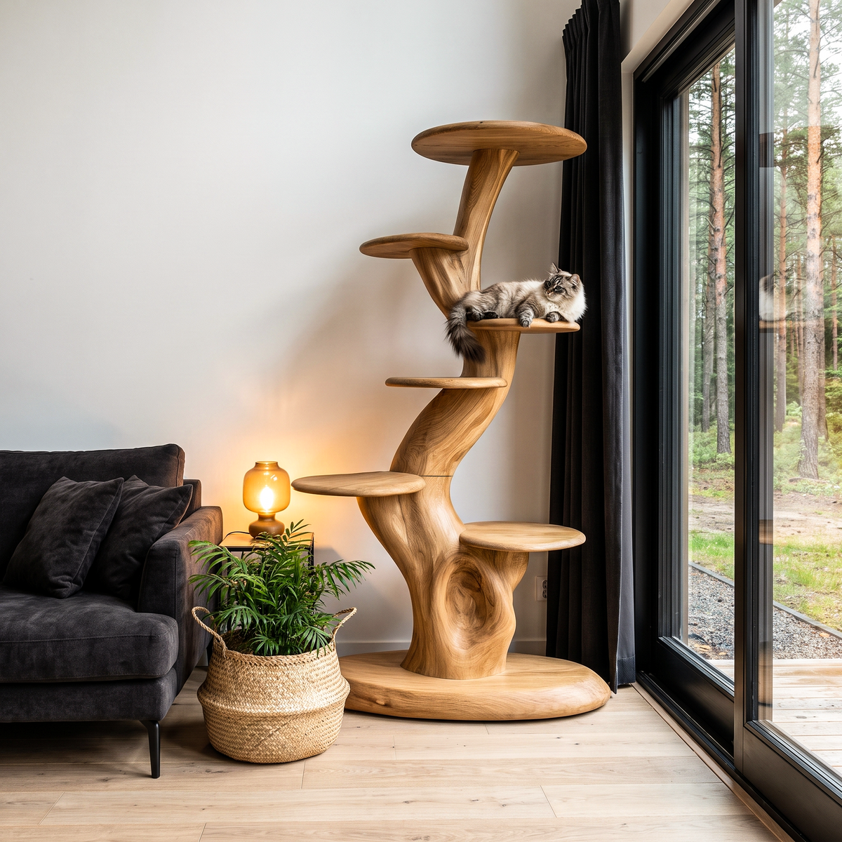 Rustic Sculptural Cat Tree With Multi Level Platforms For Living Room SINLHATT015