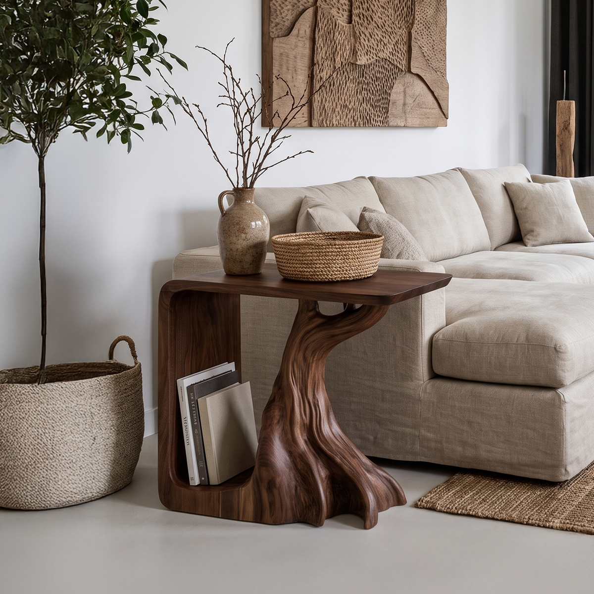 Rustic Sculptural Bedside Table With Root Inspired Base For Living Room SINLHASTA300