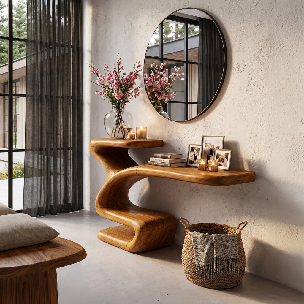 Console sculpturale avec base asymétrique évidée pour entrée SINLHACS694