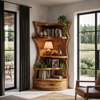 Étagère d'angle style Mid-Century avec base de rangement incurvée pour salon SINLHABS072