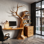 Bureau flottant naturel avec bibliothèque arbre sculpturale pour bureau à domicile SINLHADE172