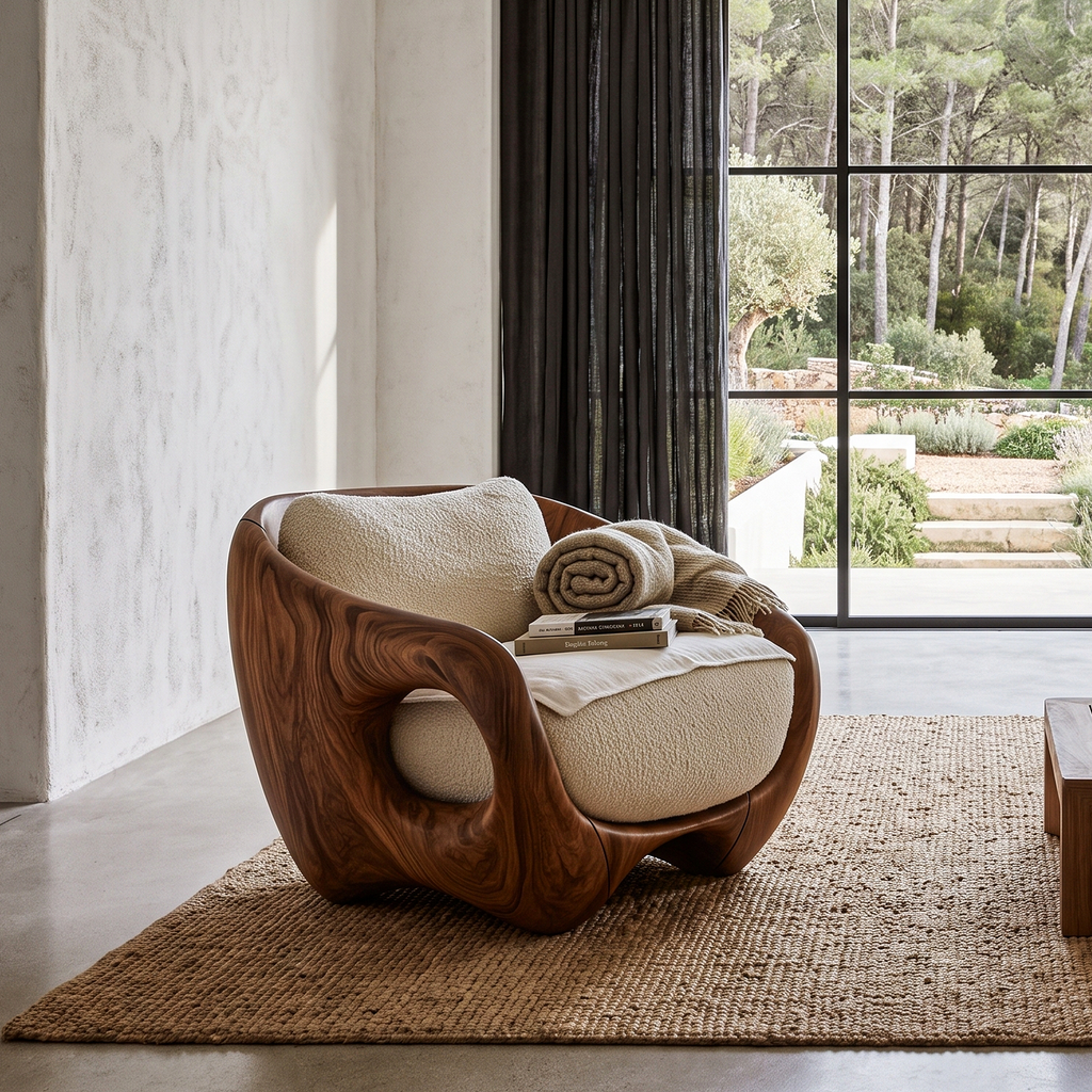 Fauteuil de salon en bois rustique avec dossier enveloppant pour coin lecture SINLHACHR040