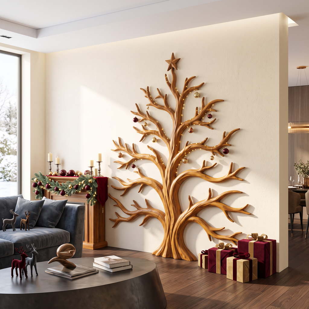 Sculpture murale rustique de Noël en bois avec motif d'arbre aux branches dénudées pour salon SINLSAWA139