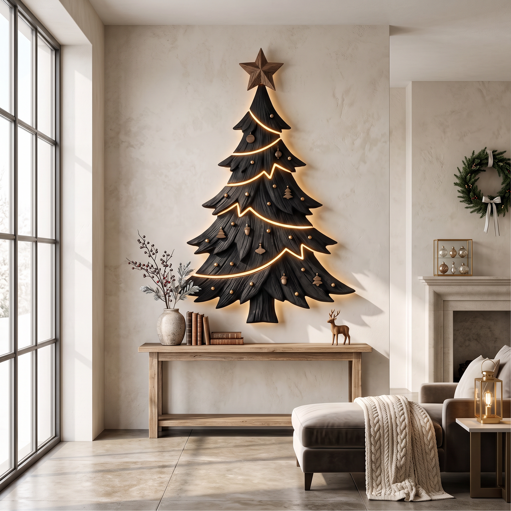 Sculpture murale de Noël contemporaine avec silhouette de sapin pour salon SINLSAWA145