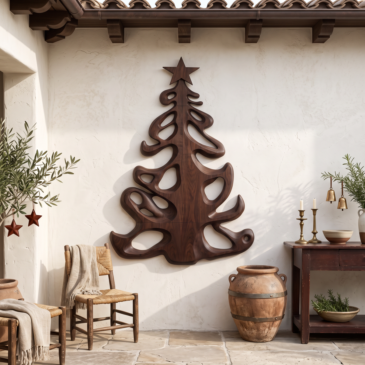 Organic Xmas Wooden Holiday Decor With Fluid Tree Silhouette For Entryway SINLSAWA152