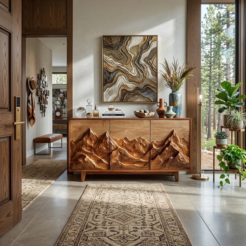 Buffet moderne en bois avec relief montagne pour intérieur de maison RTTHTTSD045
