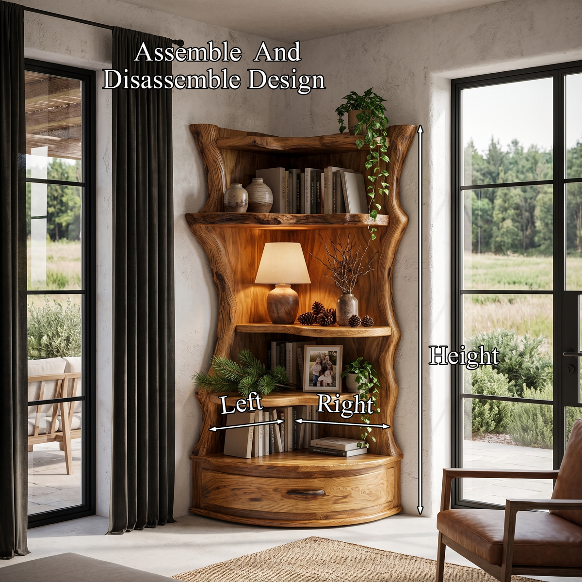 Étagère d'angle style Mid-Century avec base de rangement incurvée pour salon SINLHABS072