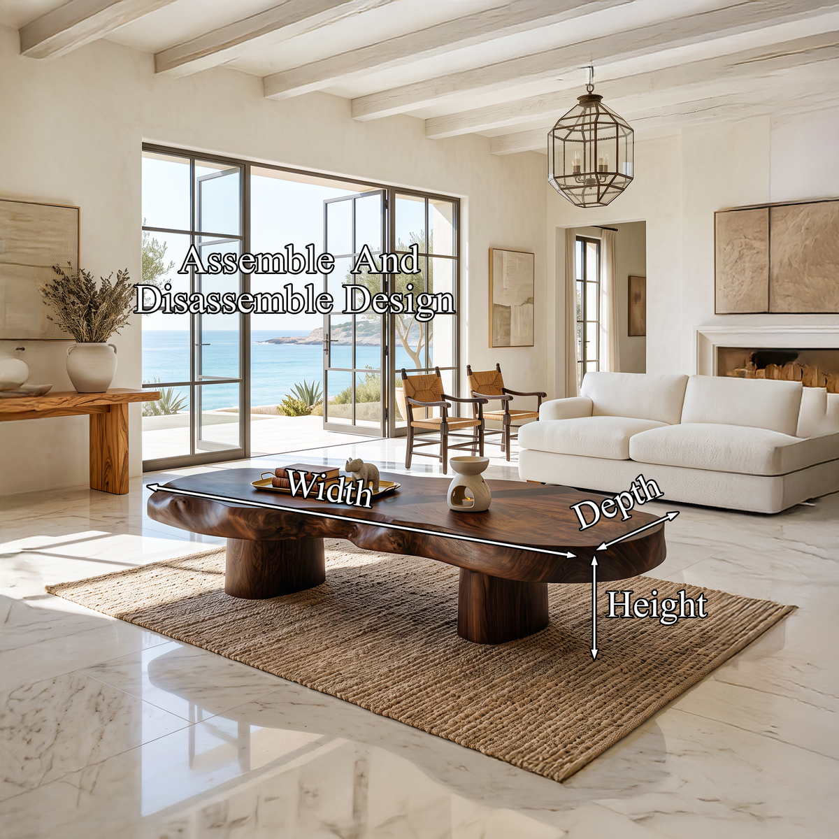 Modern Solid Wood Coffee Table With Sculptural Slab Top For Living Room SINLHACF421