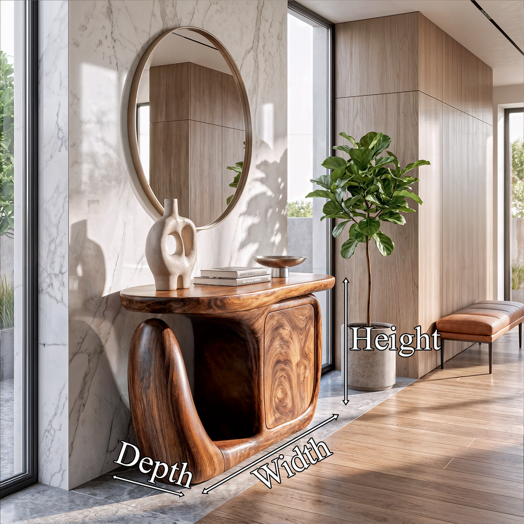 Table console contemporaine avec base sculpturale et rangement pour entrée SINLKICS704