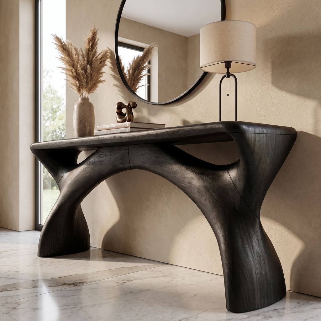 Console d'entrée style Mid-Century avec structure aux courbes fluides SINLKIFLP144