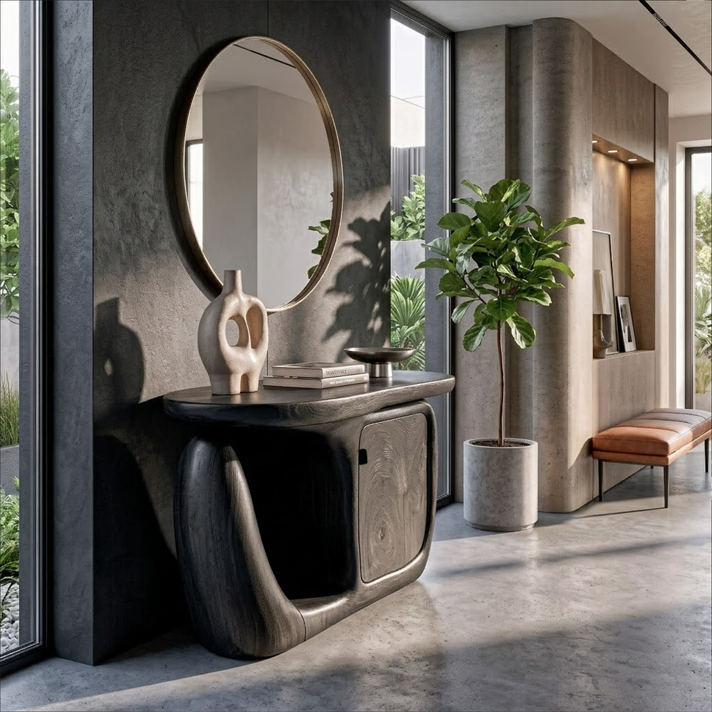 Table console contemporaine avec base sculpturale et rangement pour entrée SINLKICS704