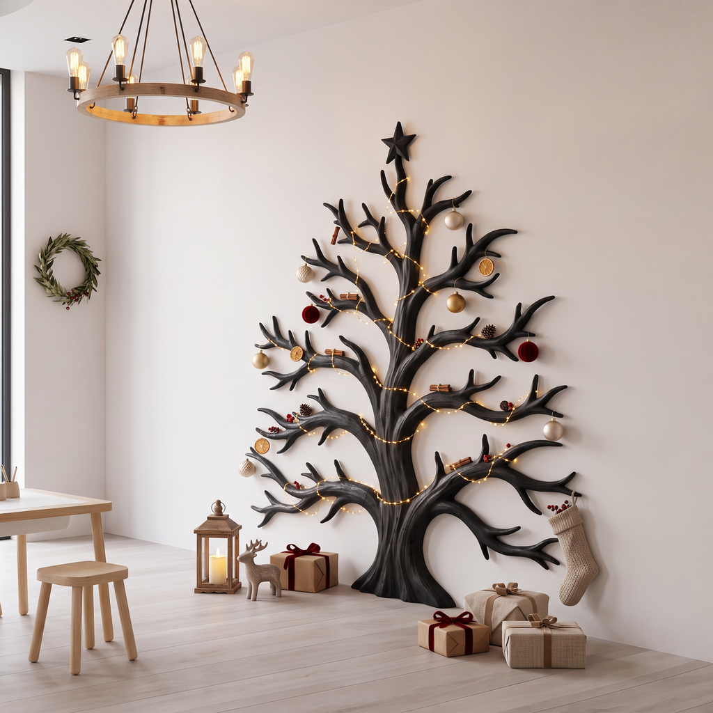 Sculpture murale rustique de Noël en bois avec motif d'arbre aux branches dénudées pour salon SINLSAWA139
