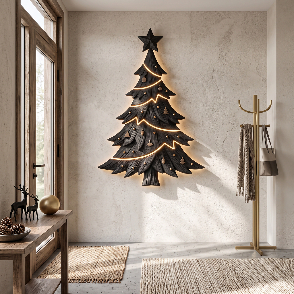 Sculpture murale de Noël contemporaine avec silhouette de sapin pour salon SINLSAWA145