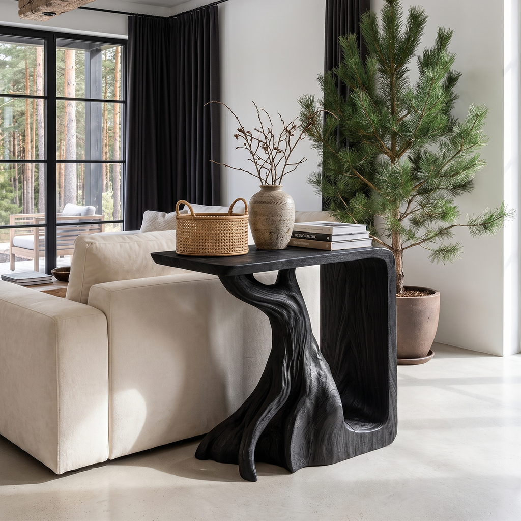 Table de chevet sculpturale rustique avec piétement inspiré de racines pour salon SINLHASTA300