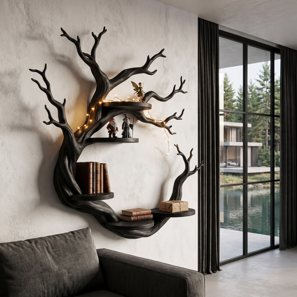 Bibliothèque rustique avec design sculptural en forme de branches circulaires pour salon SINLHAFL066