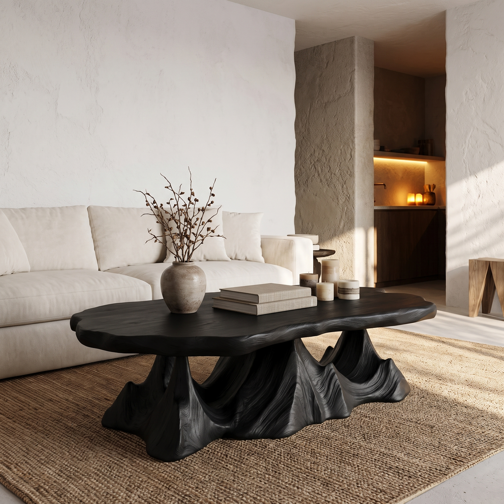 Table basse rustique avec piètement sculptural en forme de vague pour salon SINLHACF413