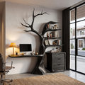 Bureau flottant naturel avec bibliothèque arbre sculpturale pour bureau à domicile SINLHADE172