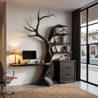 Bureau flottant naturel avec bibliothèque arbre sculpturale pour bureau à domicile SINLHADE172