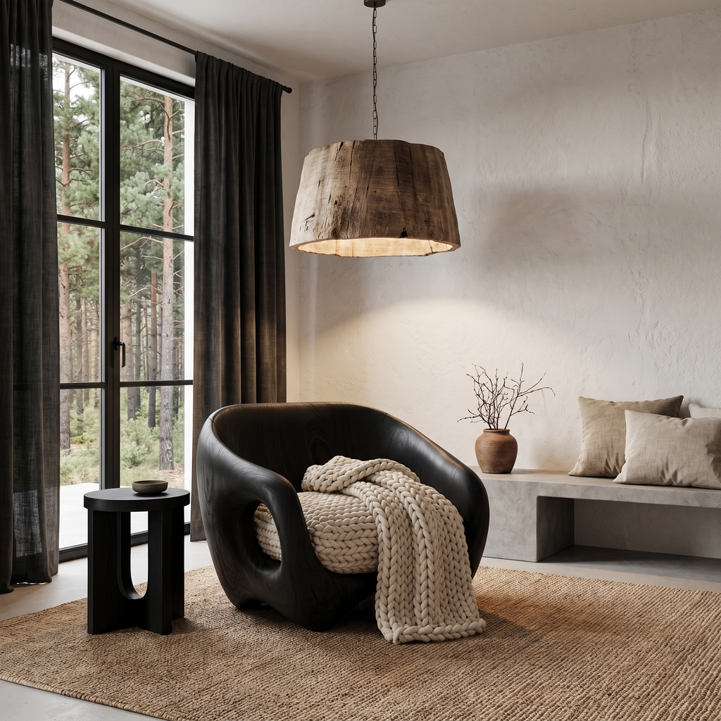 Fauteuil de salon en bois rustique avec dossier enveloppant pour coin lecture SINLHACHR040