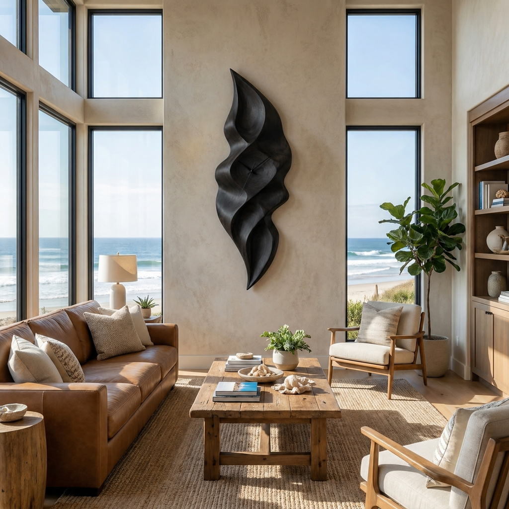 Horloge murale contemporaine en bois avec sculpture en forme de vague pour chambre minimaliste RTTHTTWAC013
