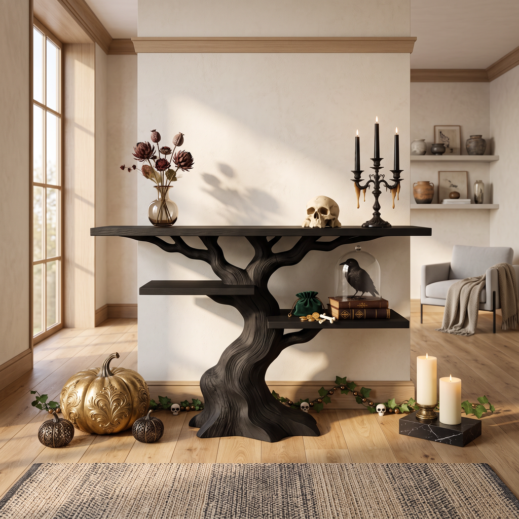 Table console organique en forme d'arbre torsadé pour décoration d'Halloween sorcière SILDTTNCS158