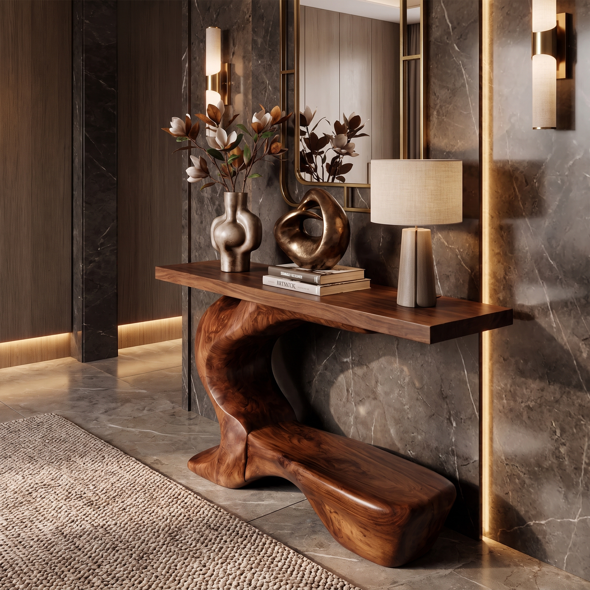 Rustic Sculptural Console Table With Curved Base For Entryway SINLKICS705