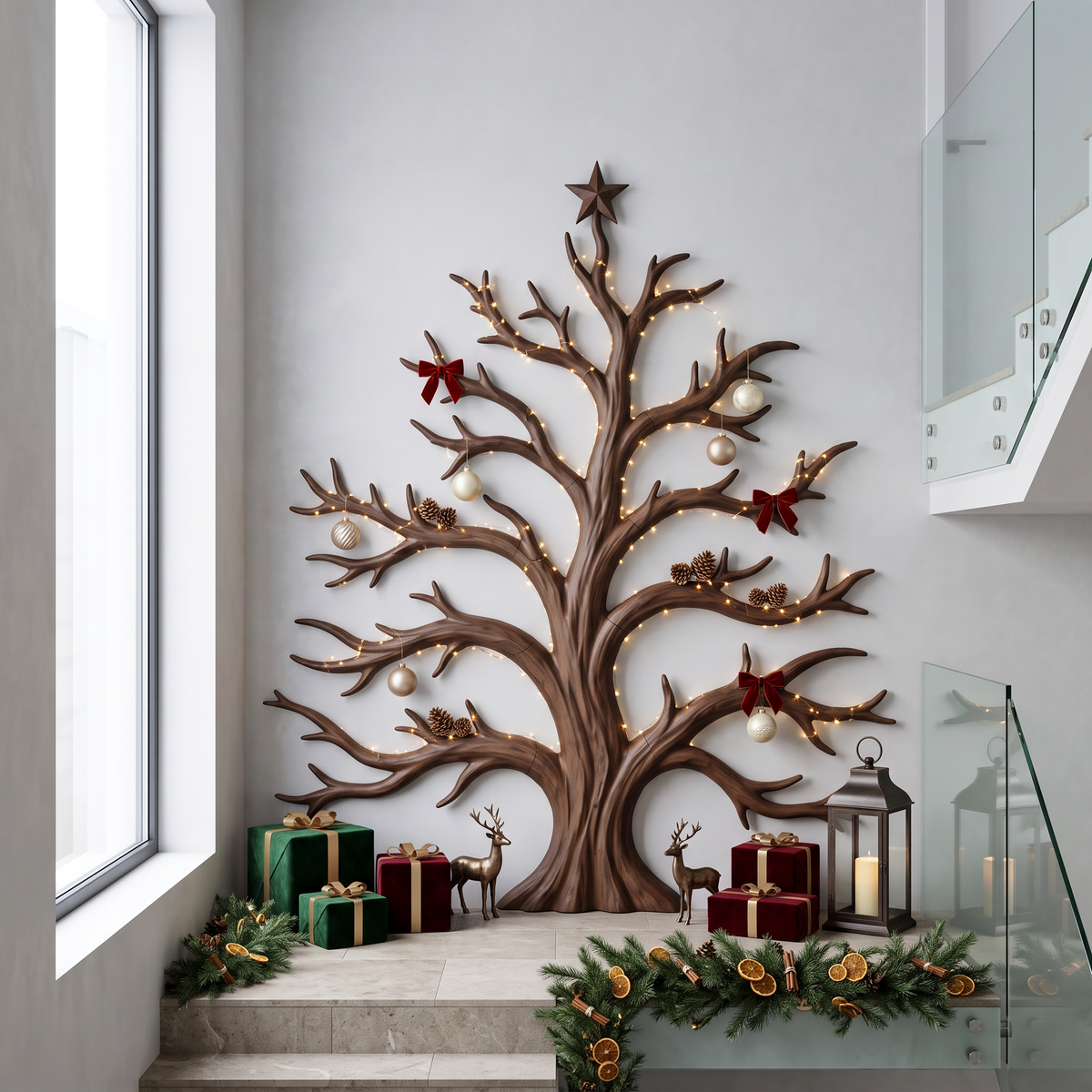 Sculpture murale rustique de Noël en bois avec motif d'arbre aux branches dénudées pour salon SINLSAWA139