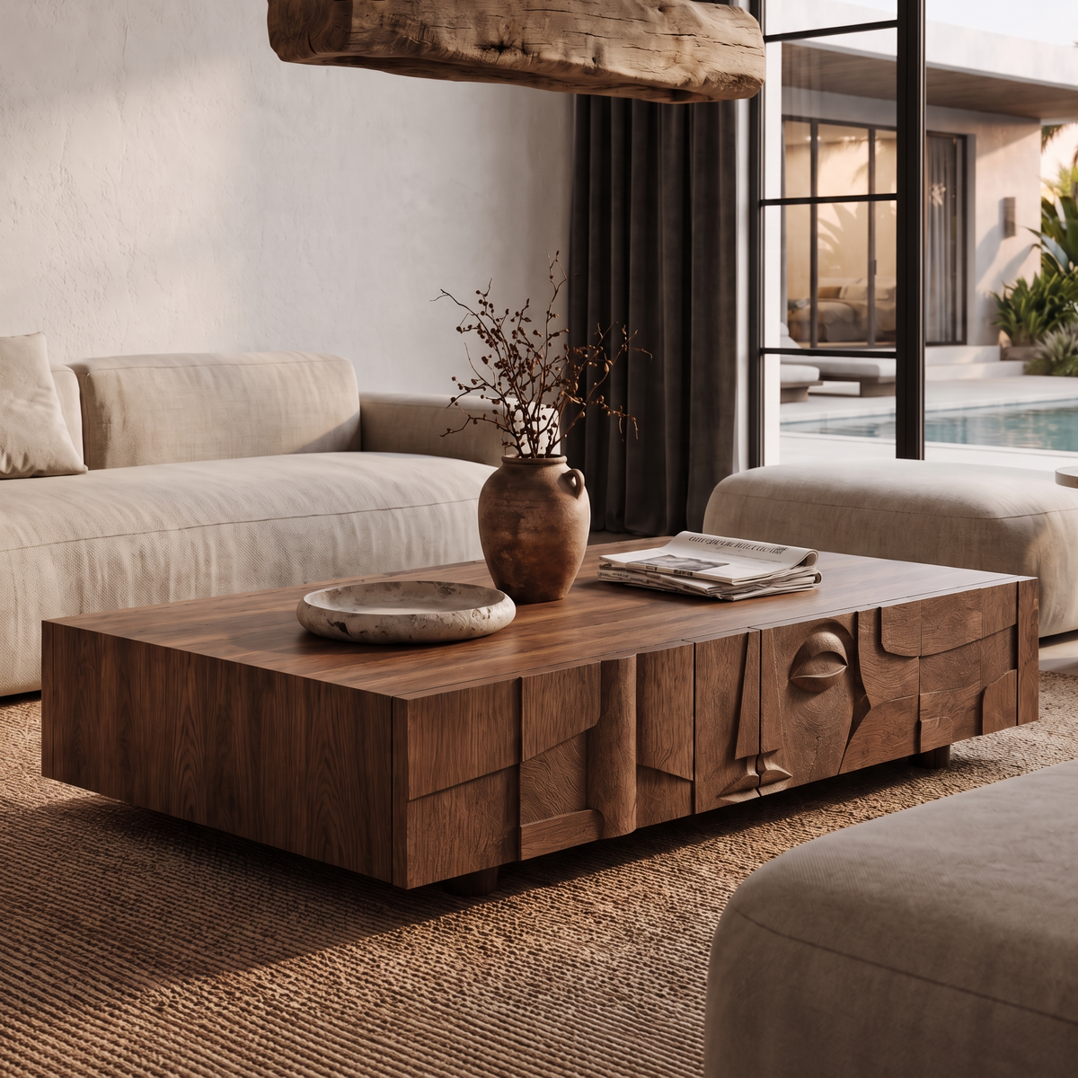 Modern Statement Coffee Table With Textured Relief Drawers For Living Room SINLHACF425
