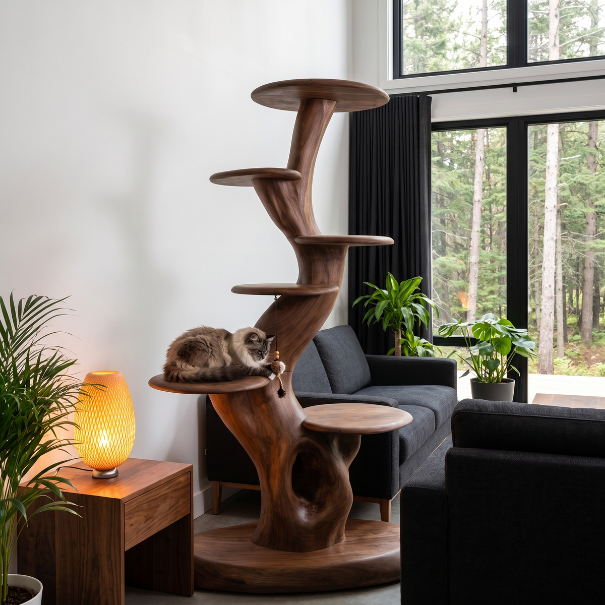 Rustic Sculptural Cat Tree With Multi Level Platforms For Living Room SINLHATT015