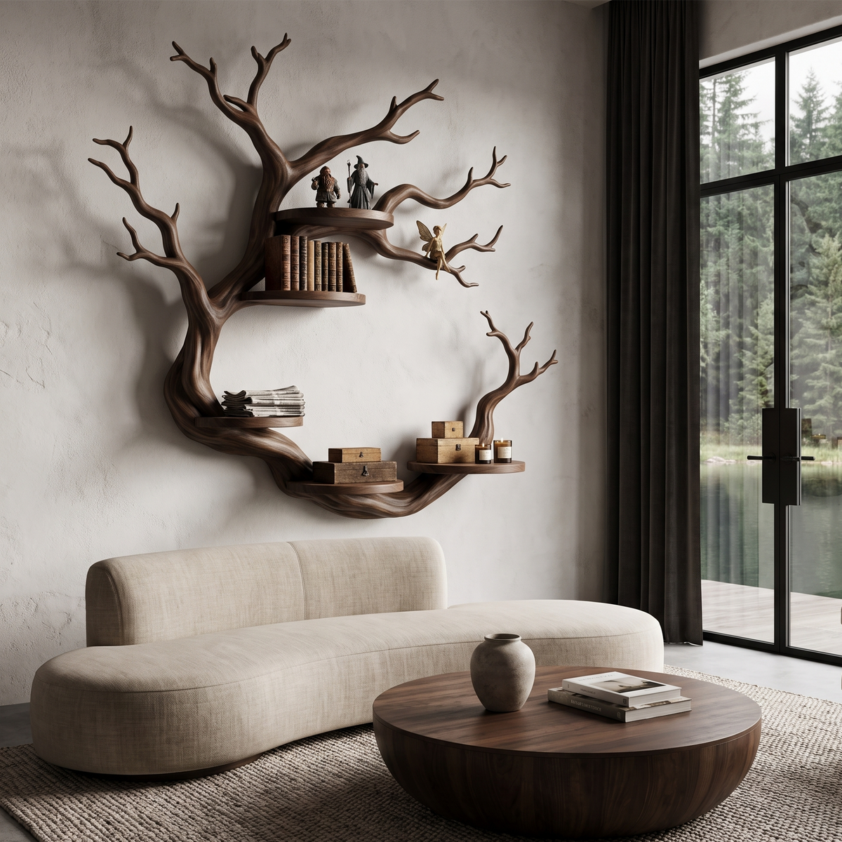 Rustic Tree Bookshelf With Sculptural Circular Branch Design For Living Room SINLHAFL066