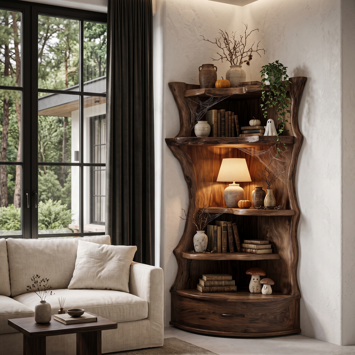 Étagère d'angle style Mid-Century avec base de rangement incurvée pour salon SINLHABS072