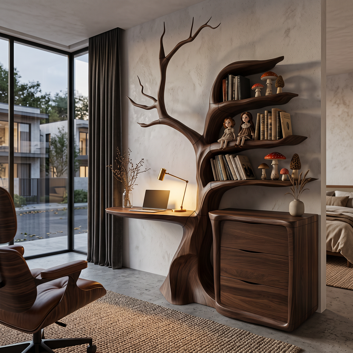 Natural Floating Desk With Sculptural Tree Bookshelf For Home Office SINLHADE172