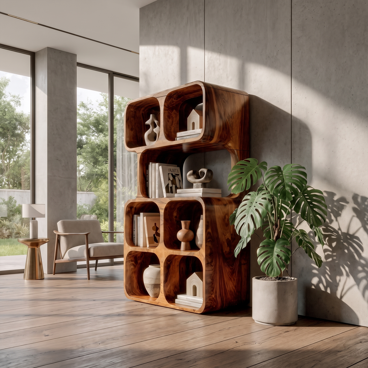 Bibliothèque inclinée artisanale au design en bois organique pour maison moderne SINLKIBS065