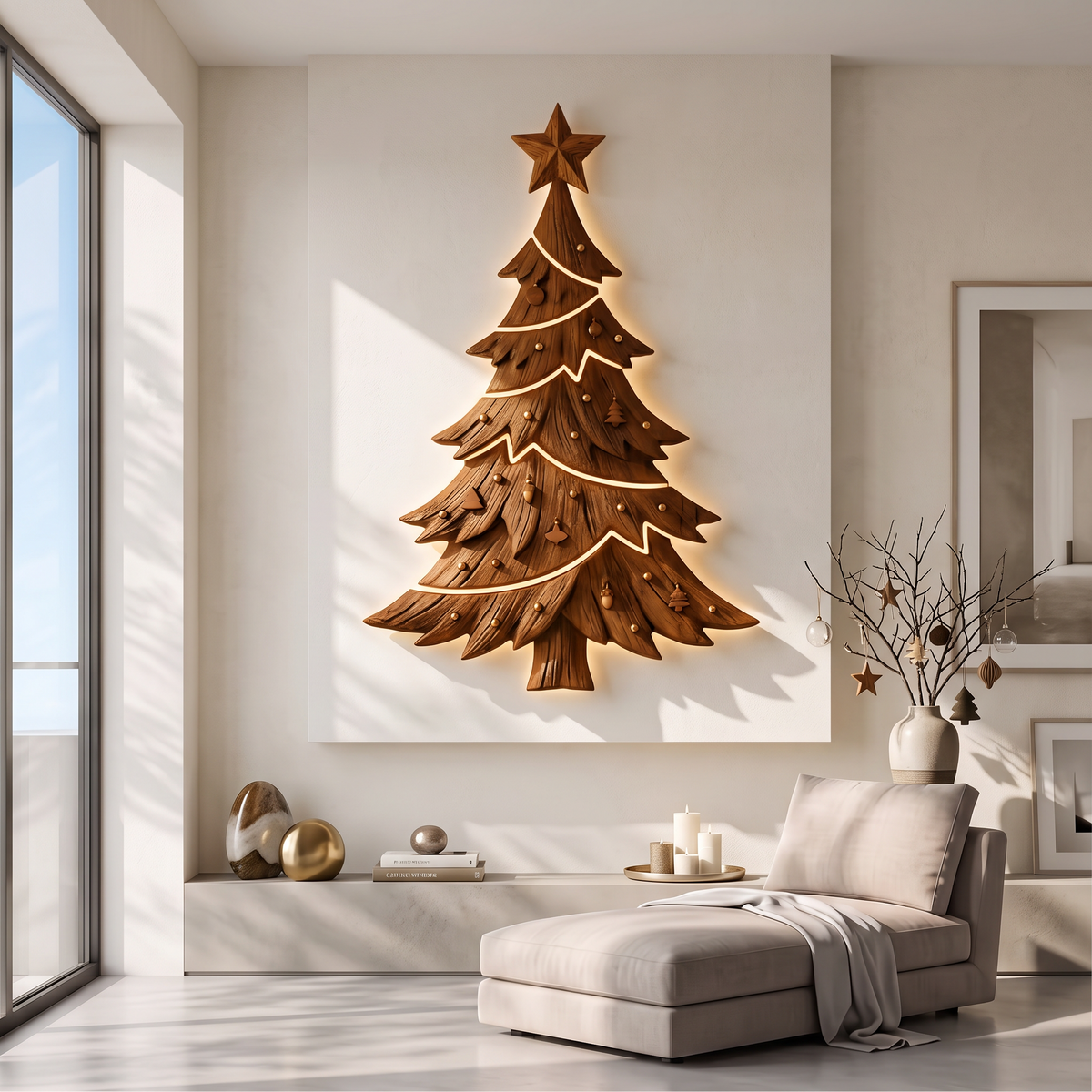 Sculpture murale de Noël contemporaine avec silhouette de sapin pour salon SINLSAWA145