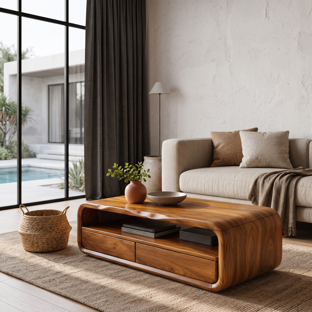 Mid Century Coffee Table With Rounded Frame Storage For Living Room SINLHACF423