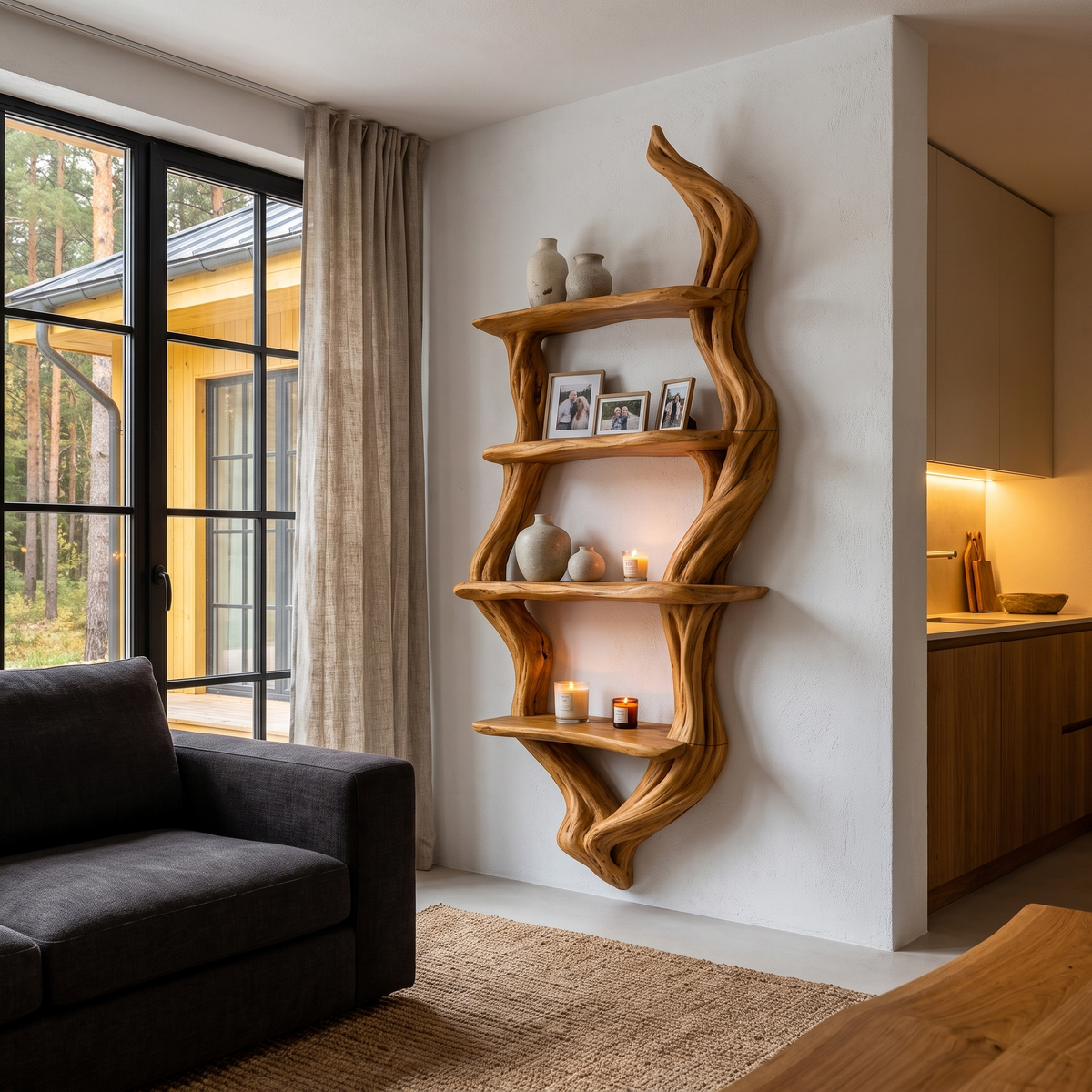 Étagère murale rustique, design branche d'arbre fabriqué à la main pour salon SINLHABS066