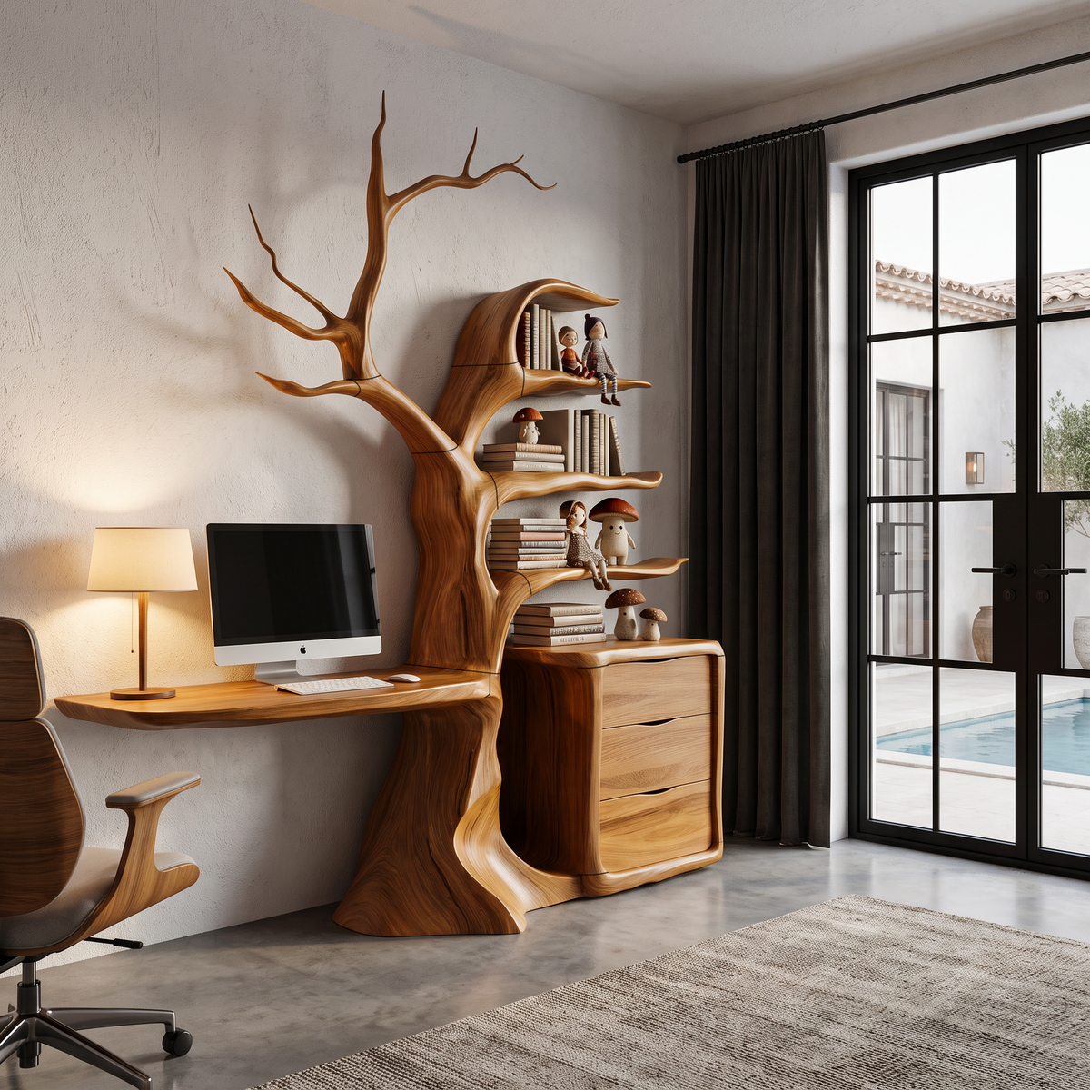 Natural Floating Desk With Sculptural Tree Bookshelf For Home Office SINLHADE172