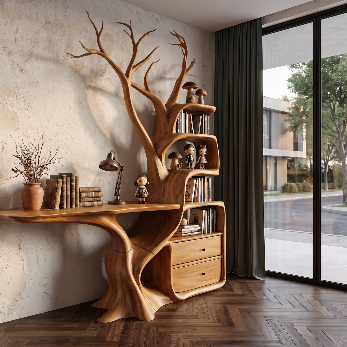 Natural Wall Mounted Tree Bookcase With Built In Drawers For Reading Nook SINLHATB775
