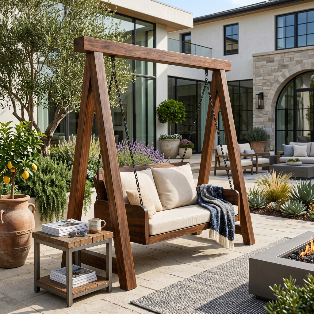 Organic Wood Swing With Backrest For Patio RTTHTTSG002