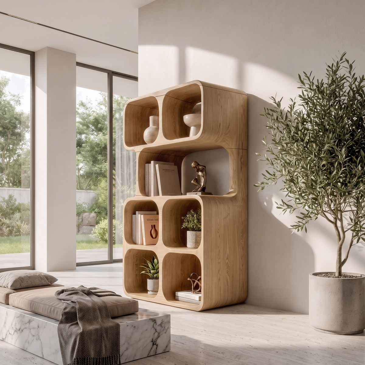 Bibliothèque inclinée artisanale au design en bois organique pour maison moderne SINLKIBS065