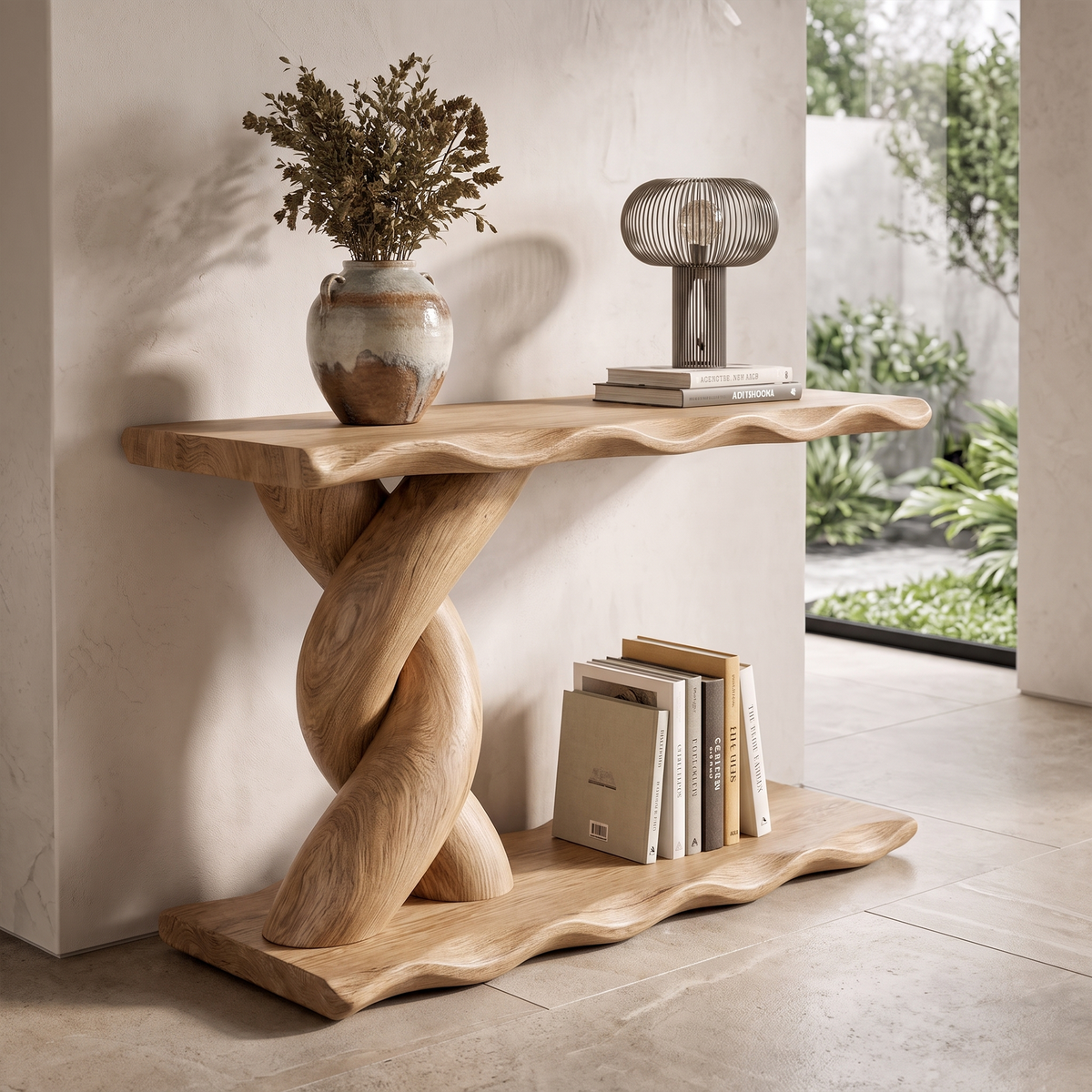 Contemporary Console Table With Spiral Base And Lower Display Shelf For Living Room SINLKICS701