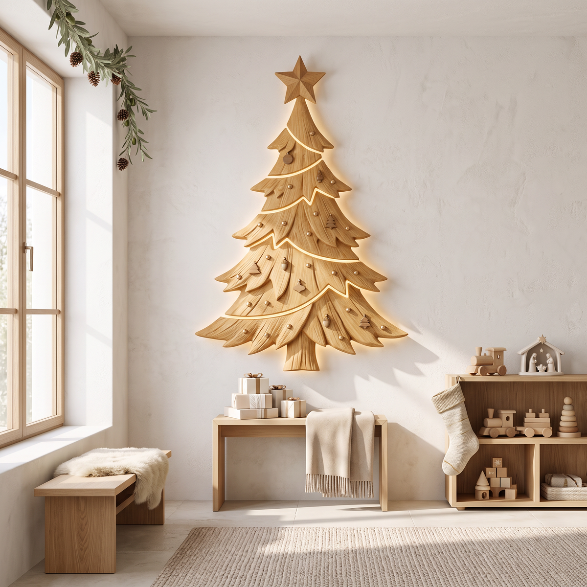 Sculpture murale de Noël contemporaine avec silhouette de sapin pour salon SINLSAWA145