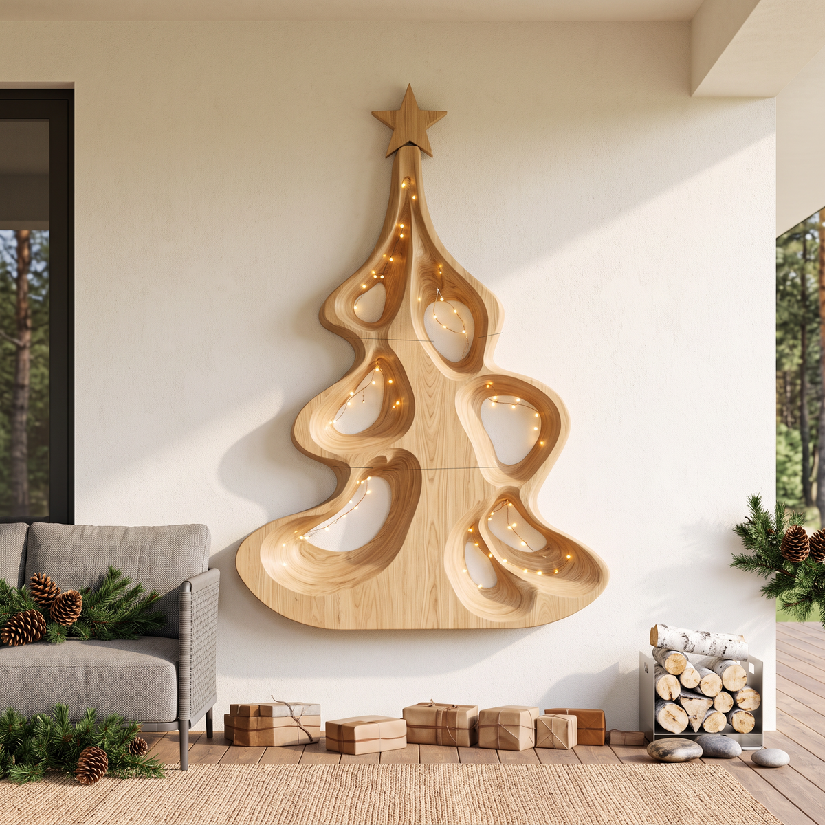 Décoration murale de Noël moderne avec forme d'arbre ajouré artistique pour entrée SINLSAWA151