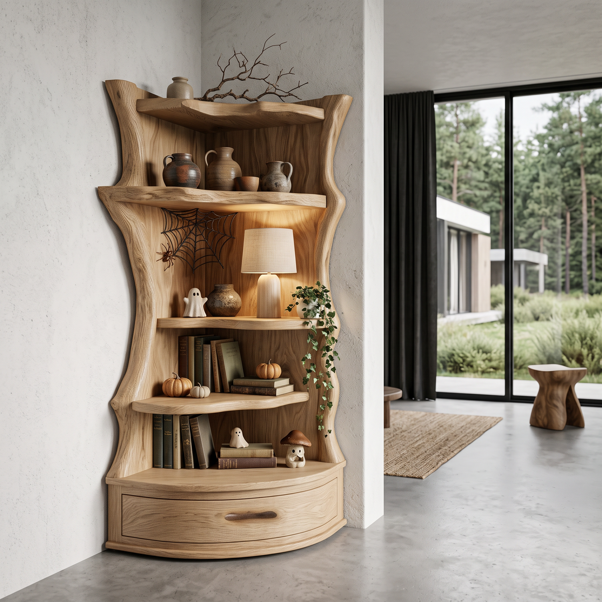 Étagère d'angle style Mid-Century avec base de rangement incurvée pour salon SINLHABS072